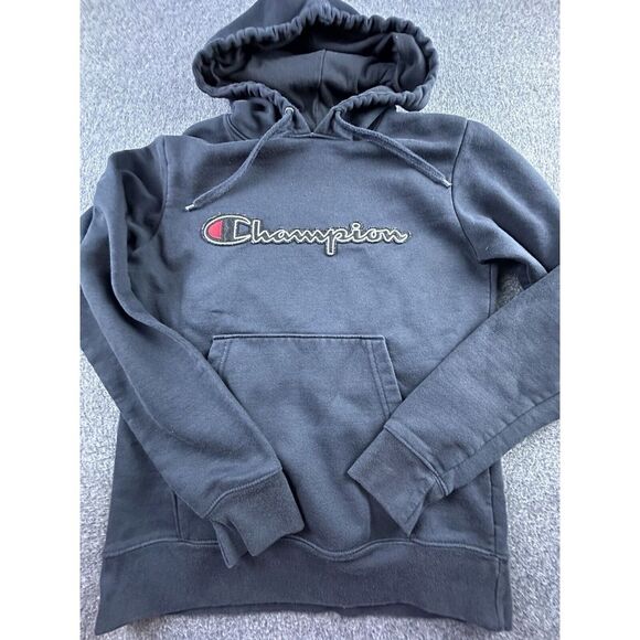 Champion‎ Hoodie Mens Small Black Logo Pocket Fleece Sweatshirt Athleisure - Picture 1 of 13
